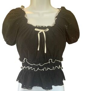 Women Y2K Whimsigoth Milkmaid Top Black Eyelet Ruffle Puff Sleeve Small Coquette